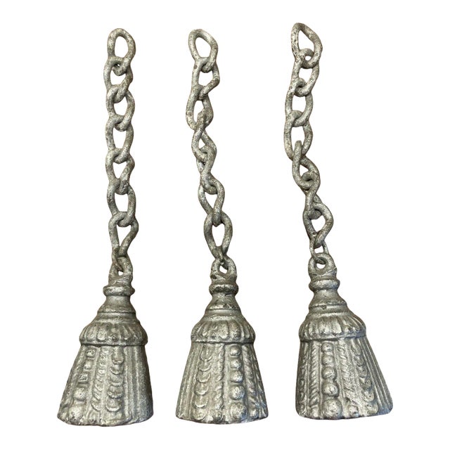 Antique Decorative Zinc Coated Iron Tassels on Chains - Set of 3 For Sale