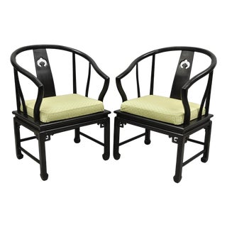 Vintage Oriental Ming Style Ebonized Horseshoe Lounge Chairs by Century (B) Pair For Sale