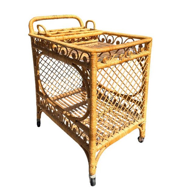 Mid 20th Century Fiddle Leaf Rattan Bar Cart For Sale - Image 5 of 8