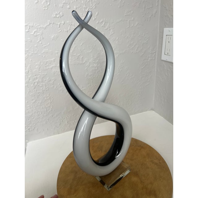 Murano Vintage Murano Love Knot Art Glass Sculpture Black White Lucite Base For Sale - Image 4 of 16