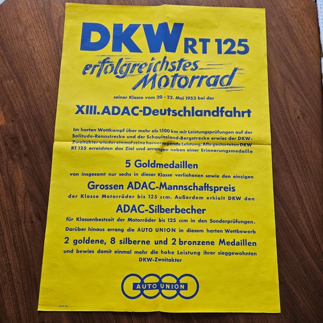 Paper DKW RT 125 Motorcycle ADAC Germany Tour Poster, 1953 For Sale - Image 7 of 7