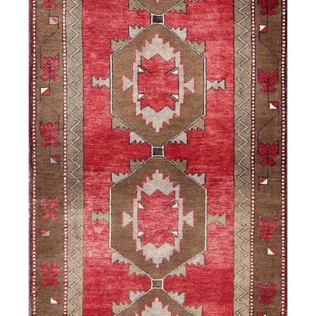 Tribal Vintage Turkish Oushak Medallion Runner in Soft Red, Lt. Blue, Cream 3'6 X 10' For Sale - Image 3 of 8
