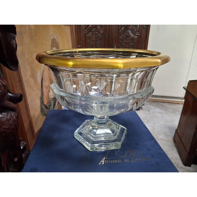 Cut Crystal Bowl on a Pedestal Base with Gilded Mount Lorraine Craftsmanship, 1950s, in Good conditions. Designed 1950 to...