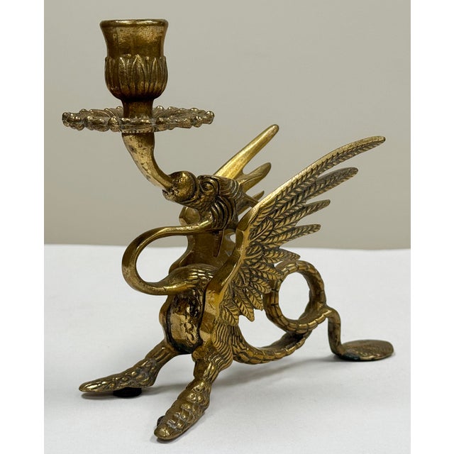 Vintage Brass Griffin Motif Candlestick Holder For Sale - Image 4 of 10