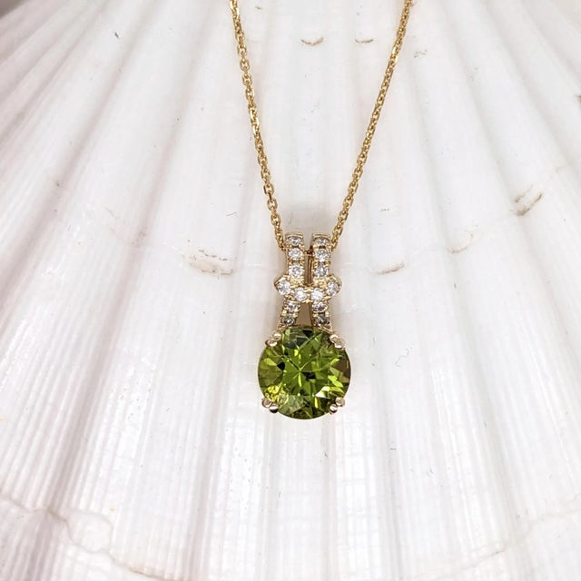 Metal 2.1ct Peridot Pendant with Earth Mined Diamonds in Solid 14K Yellow Gold Round 8mm For Sale - Image 7 of 8