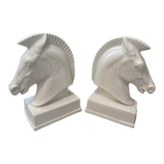 Vintage Crackle Glazed Ceramic Horse Head Bust Bookends 9”h For Sale