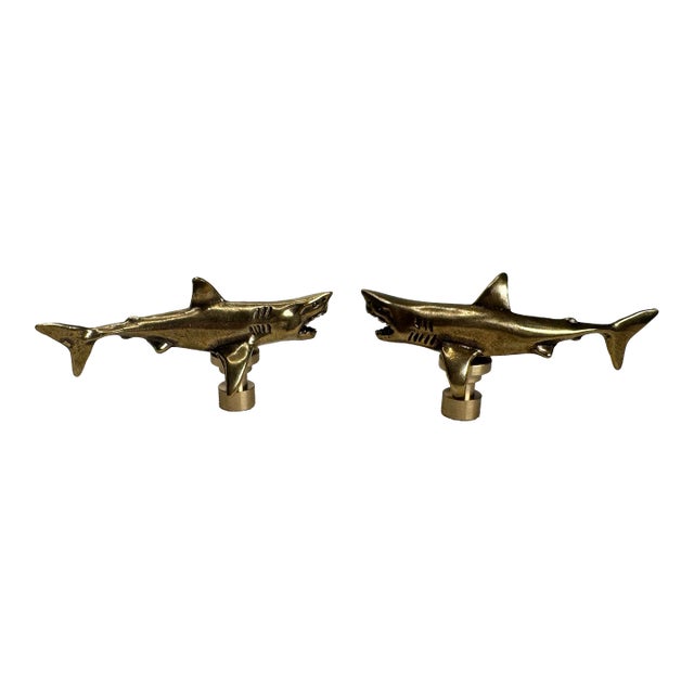 Vintage Small Coastal Solid Brass Shark Cabinetry Hardware Knobs/Pulls For Sale