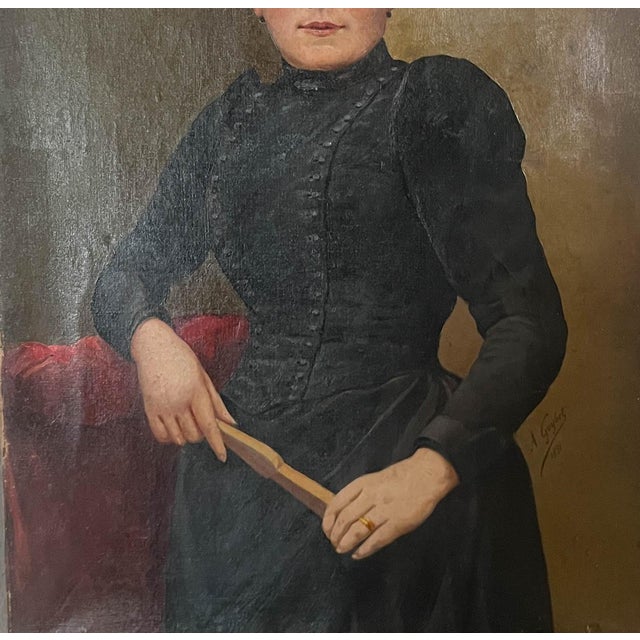 19th Century 1890s Antique French Woman Portrait Oil Painting on Canvas For Sale - Image 5 of 8