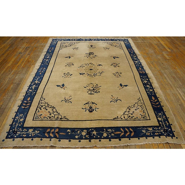 Antique Chinese Peking rug. Size: 6'2" x 8'8". Hand Knotted Pile Antique Wool Ivory Beige Cream White Rectangle 1920s Rug,...