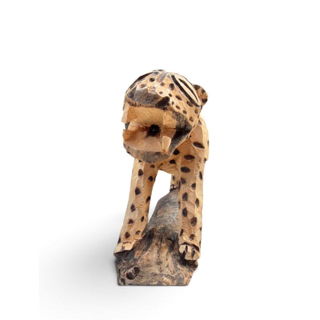 Camel Vintage Hand-Carved African Folk Art Spotted Leopard Sculpture on Wood Base For Sale - Image 8 of 8