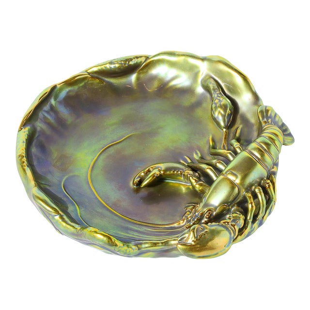 Zsolnay Hungary Eosin Iridescent Green Gold Lobster & Snake Hand Painted Dish For Sale