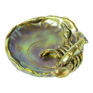 Zsolnay Hungary Eosin Iridescent Green Gold Lobster & Snake Hand Painted Dish