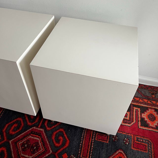 Vintage Postmodern Side Tables / Nightstands Cubes on Casters - A Pair For Sale - Image 10 of 11