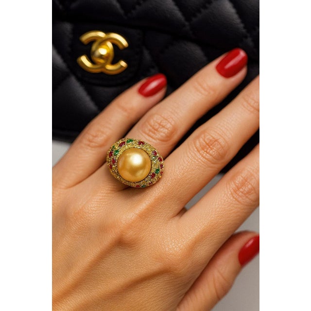 Bochic “Orient” Vintage Ruby, South Sea Pearl & Sapphire Ring Set 18K Gold & Silver For Sale - Image 9 of 9