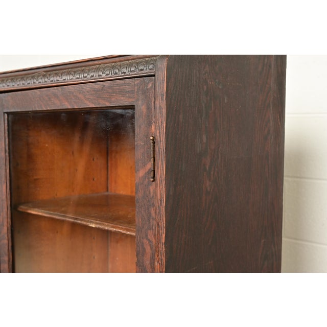 Brown R. J. Horner Style Victorian Carved Oak Glass Front Triple Bookcase, Circa 1890s For Sale - Image 8 of 12