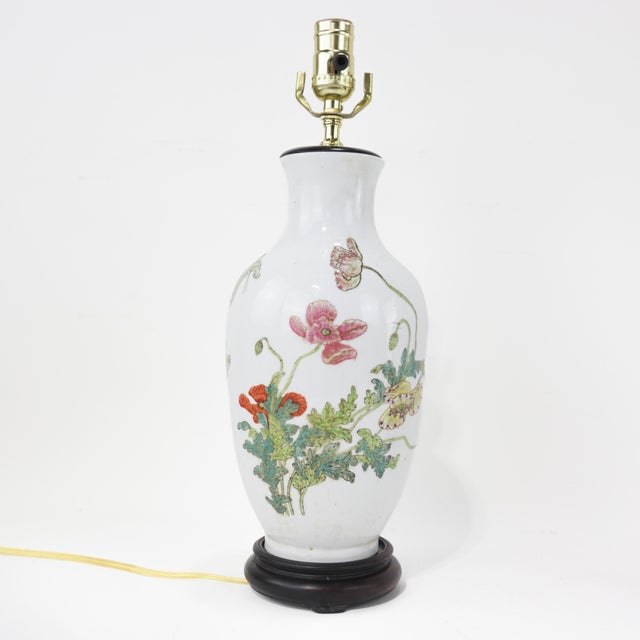 White Mid 20th Century Chinese Porcelain Poppy Flower Table Lamps For Sale - Image 8 of 8