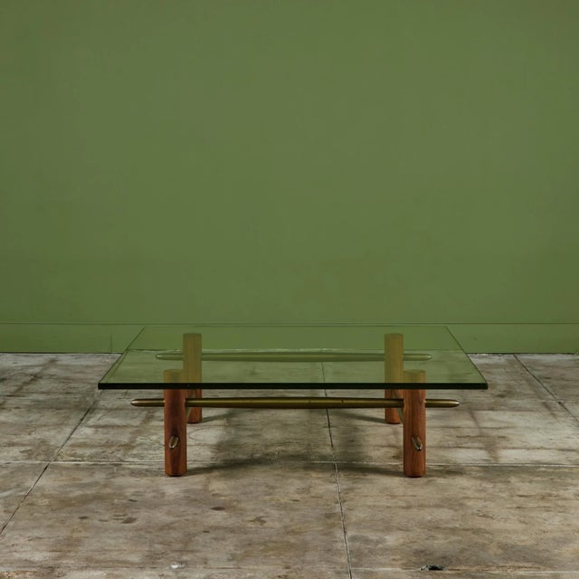 Brown T.H. Robsjohn Gibbings Glass Top Brass and Walnut Coffee Table for Widdicomb For Sale - Image 8 of 12