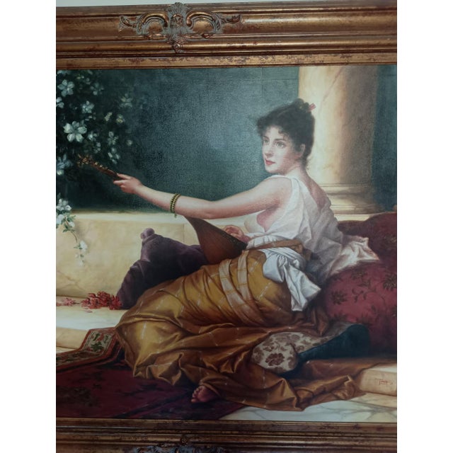 1990s Large Original Regency Fine Art Studio Painting “Woman With Lute” by Talach – Framed 60 X 47 For Sale - Image 15 of 15