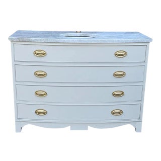 Vintage Bow-Front Dresser Bathroom Vanity With Marble Top & Brass Hardware- Leathered Taj Mahal Quartzite For Sale