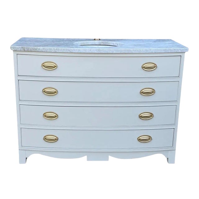 Vintage Bow-Front Dresser Bathroom Vanity With Marble Top & Brass Hardware- Leathered Taj Mahal Quartzite For Sale