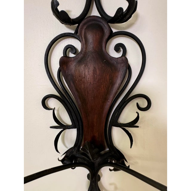 French Rococo Black Wrought Iron & Walnut Wood Double Candle Wall Sconce For Sale - Image 10 of 12
