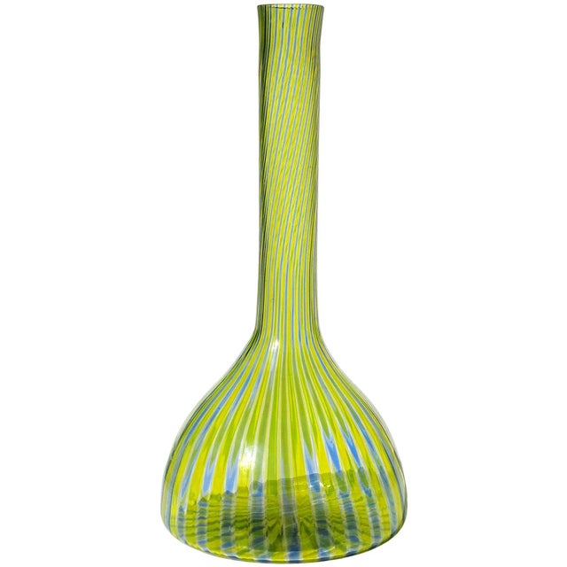 Glass Fratelli Toso Murano Vintage Yellow Blue a Canne Ribbons Pattern Italian Art Glass Bottle Flower Vase For Sale - Image 7 of 7