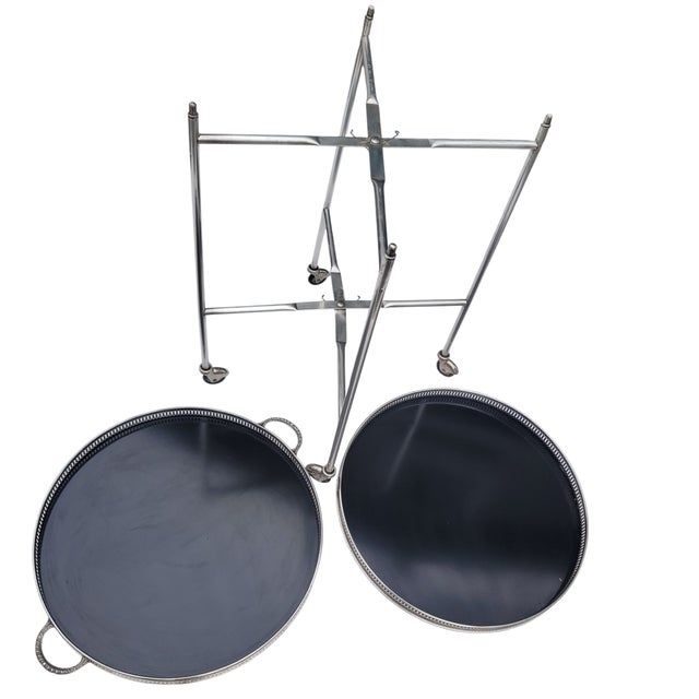 French Hollywood Regency Nickel Bar Cart With Black Formica Trays – Mid Century 2-Tier Trolley For Sale - Image 4 of 11