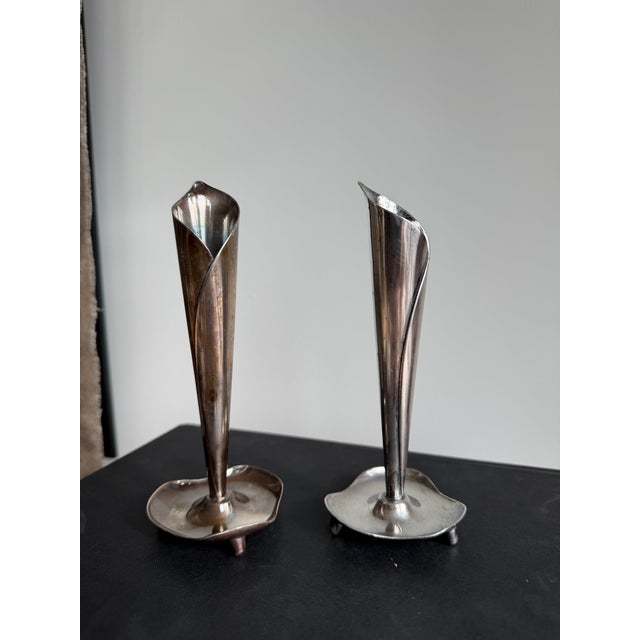Mid-Century Modern Hans Jensen Danish Modern Calla Lily Silverplate Candlesticks, Pair For Sale - Image 3 of 4