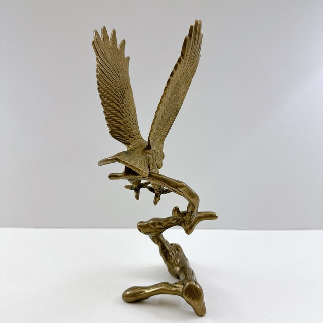 Vintage Brass Eagle Sculpture on Driftwood Base | Mid Century Bald Eagle Figurine | Hollywood Regency Bird Statue | Wildlife Desk Decor For Sale - Image 4 of 9