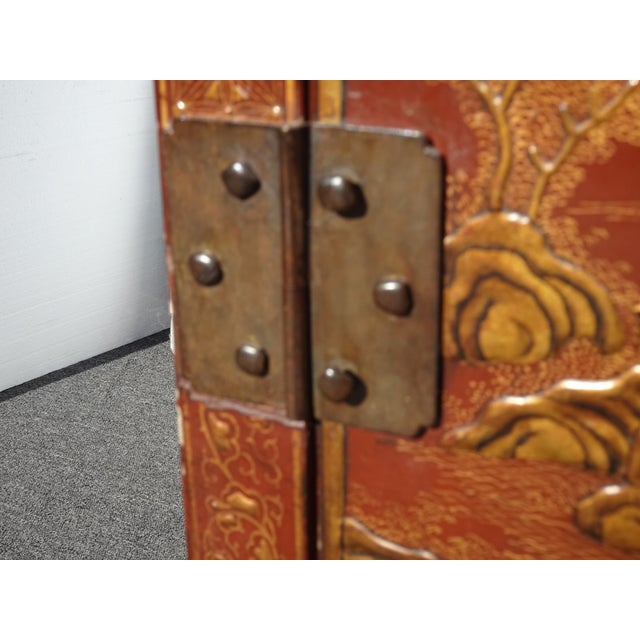 Antique Storage Cabinet Oriental Chinese Red Lacquer Chinoiserie W Stand & Brass For Sale - Image 15 of 18