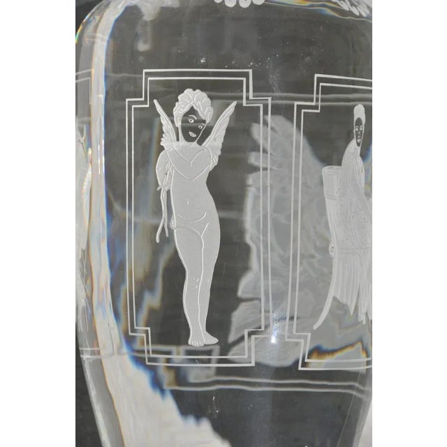 Glass Pair of Large and Heavy Italian Solid Clear Crystal Candlesticks With Etched Art For Sale - Image 7 of 13