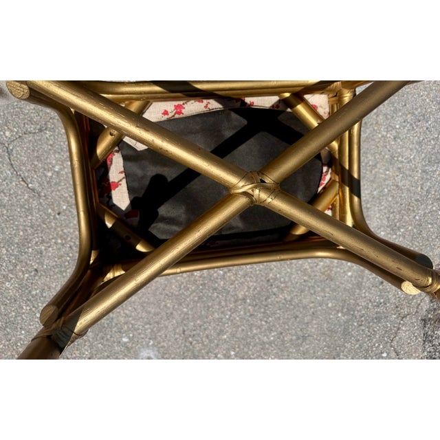 Gold Pair of Vintage Painted Gold Bamboo Stools in Regal Fabrics “Zen Toile” Upholstery For Sale - Image 8 of 11