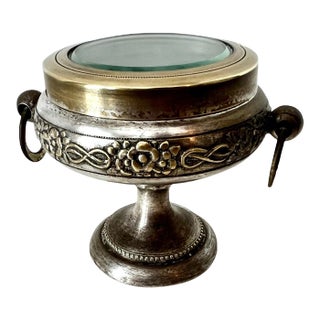 Early 20th Century Repoussé Pedestal Casket Box of Brass & Metal with Glass Lid For Sale