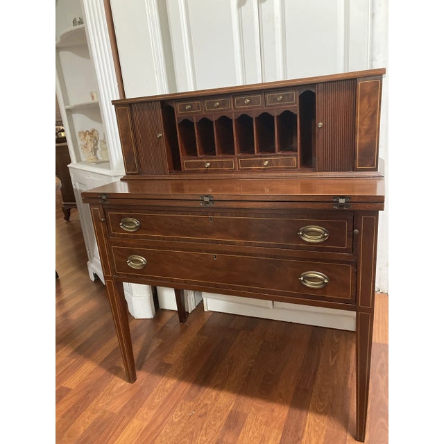 Brown Inlaid Hepplewhite Tambour Writing Desk Vintage by Maddox For Sale - Image 8 of 8