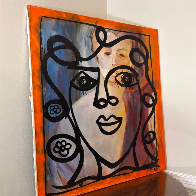 Orange 1970s Vintage Portrait Painting on Canvas ~ Signed Peter Keil For Sale - Image 8 of 9