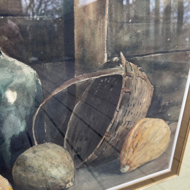 20 Th Century American School Watercolor Still Life Farmers Basket Framed Signed For Sale - Image 9 of 12