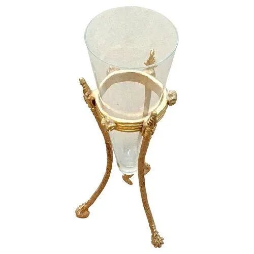 Vintage glass vase with a gilt-brass ram's head holder with a Roman coin replica accent. No maker's mark.