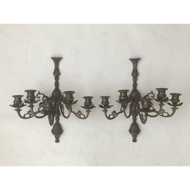 1970s Baroque Style Large Brass Five Candle Candelabra-A Pair For Sale - Image 9 of 10