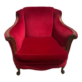 19th Century Red Crimson Velvet Bergere Chair With Carved Wood Frame For Sale