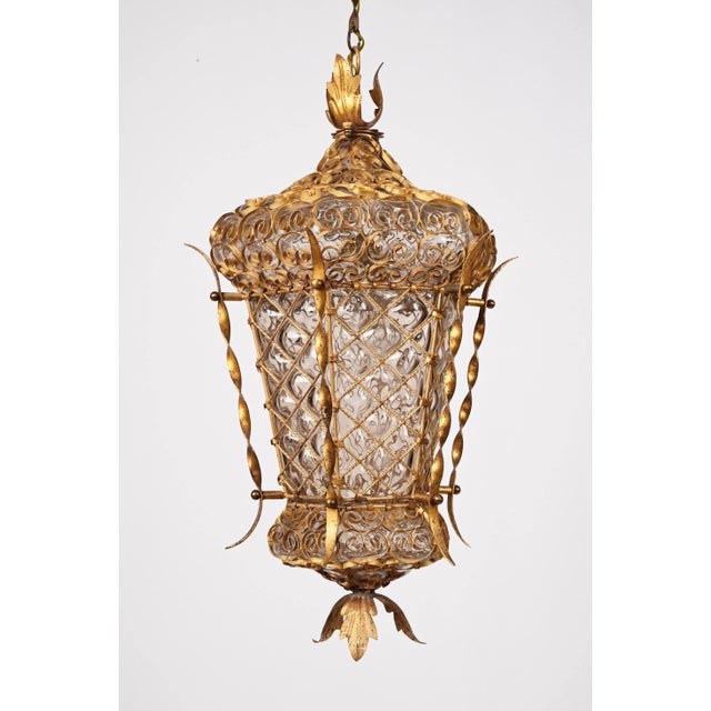 Mid-Century Venetian Mouth-Blown Glass Lantern in Gold Painted Metal Frame, 1940s For Sale - Image 9 of 18