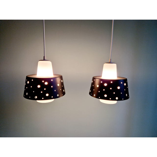 Vintage Scandinavian Pendant Lights in White Opaline and Black Lacquered Metal, 1960, Set of 2 For Sale - Image 9 of 17