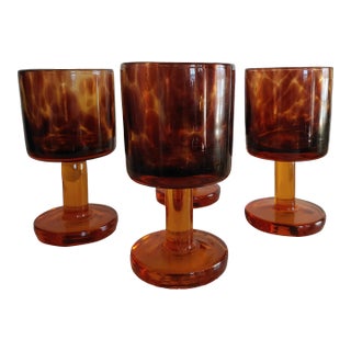 Vintage Mexico Tortoiseshell Motif Blown Glass Footed Goblets - Set of 4 For Sale