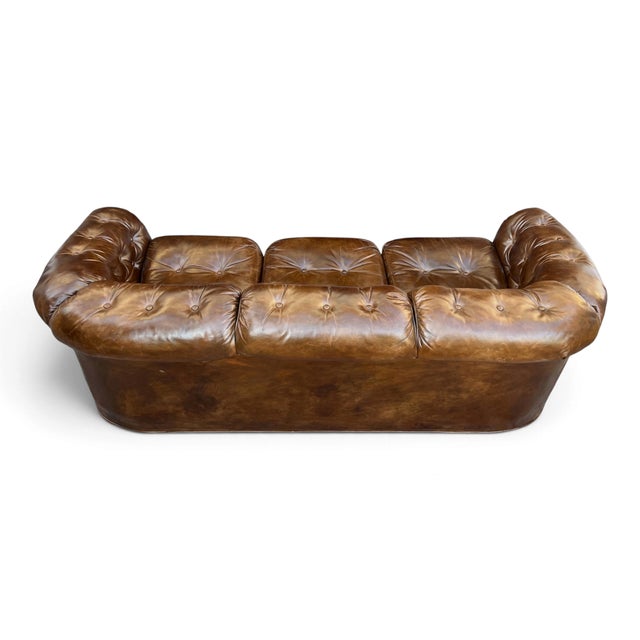 Brown Vintage Chesterfield-Style Cognac Brown Leather Sofa With Button Tufting and Rolled Arms For Sale - Image 8 of 14