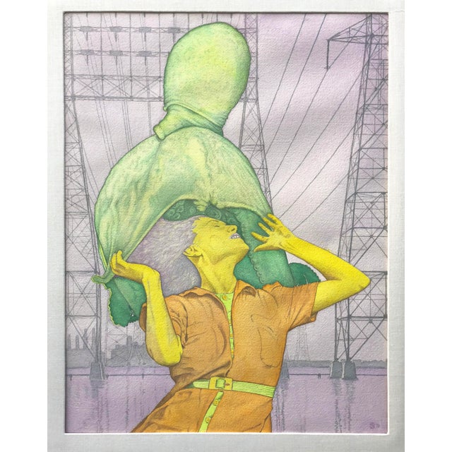 Vintage, mid century surreal painting of a woman with the wind blowing her shawl into an amorphous octopus with electrical...