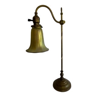 1930s Adjustable Brass Table Lamp With Tiffany Style Shade For Sale