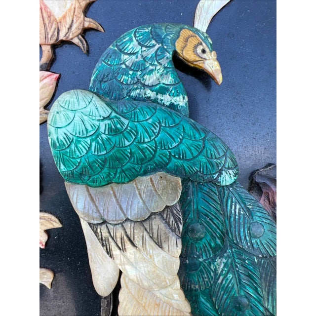 Vintage Chinese Carved Shell and Lacquer Peacock WallHang Artwork, Circa 1950’s For Sale - Image 13 of 15