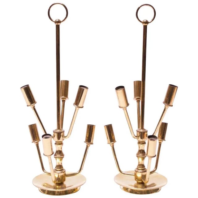 Midcentury Candelabra Style Six-Arm Brass Table Lamps - A Pair For Sale - Image 13 of 13
