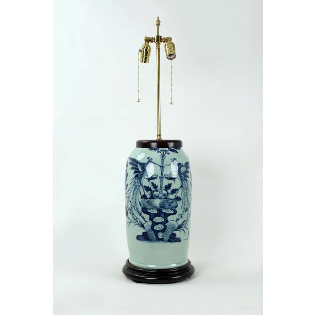 Celadon 19 Century Double Bulb Pull Chain Celadon Blue and White Bird Motif Porcelain Lamp For Sale - Image 8 of 8