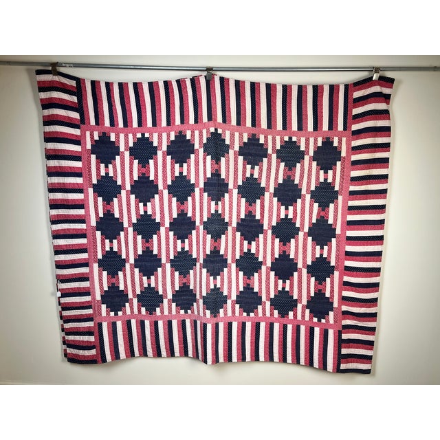 American Matching Pair of Antique American Patriotic Hand Quilted Log Cabin Quilts C. Early 20th Century For Sale - Image 3 of 13