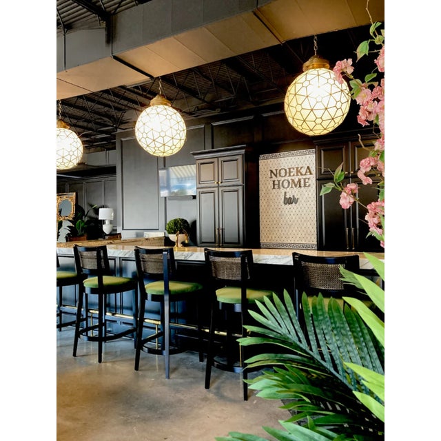 Wood Palm Collection Black Green Performance Fabric Bar Stool With Cane Back W/ Brass Kickplate For Sale - Image 7 of 7